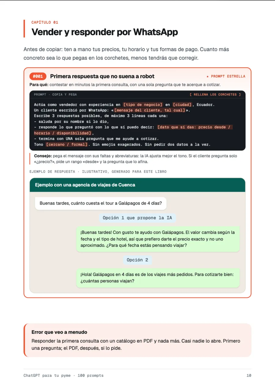 Página 10 del ebook ChatGPT para tu pyme: 100 prompts listos para copiar: Capítulo 1: prompts para WhatsApp, con un ejemplo de respuesta.